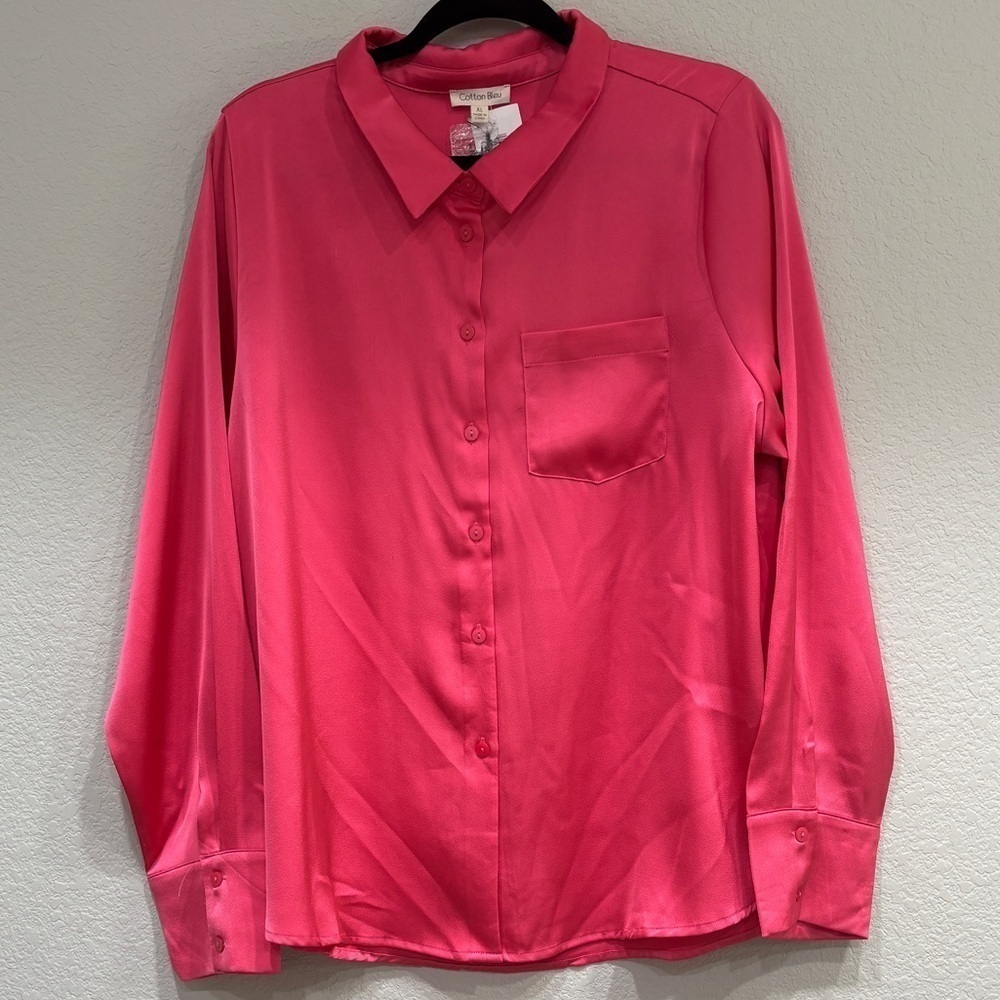 NWT Hot Pink Satin Button Down Long Sleeve Shirt